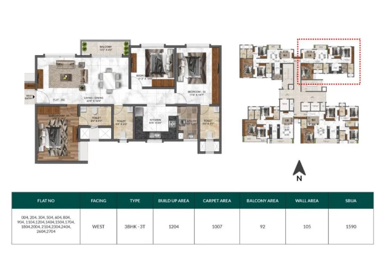 Mana Dale 3 BHK 1590 sq ft west facing apartment floor plan with balcony, utility area and spacious living dining layout in Sarjapur Road Bangalore