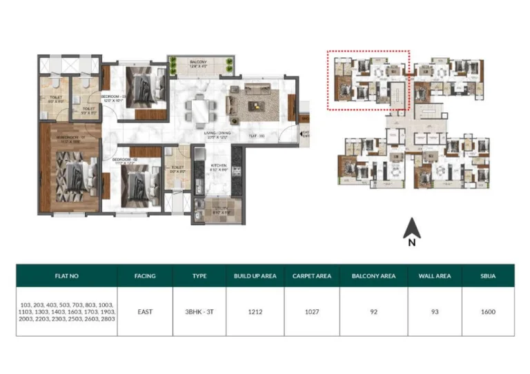 Mana Dale 3 BHK 1600 sq ft east facing apartment floor plan with spacious living dining area, balcony and utility space in Sarjapur Road Bangalore