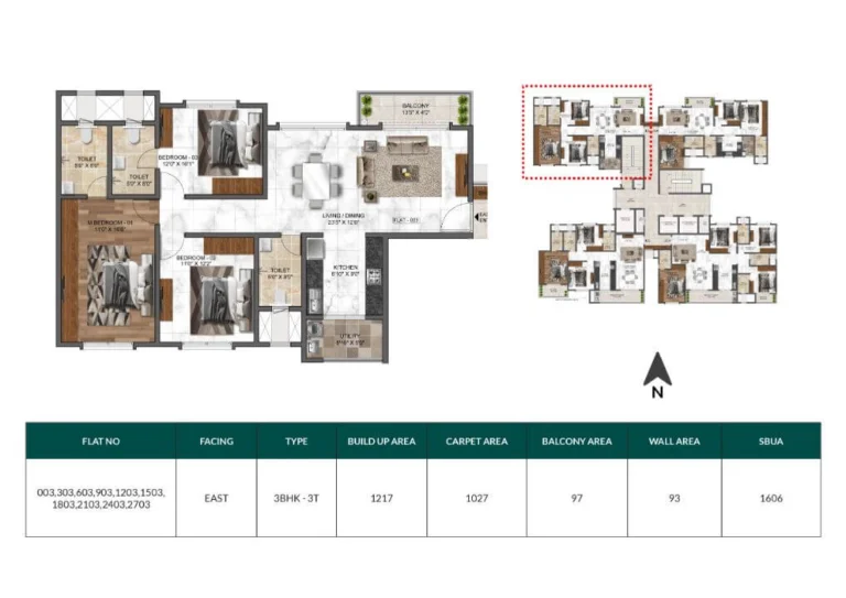 Mana Dale 3 BHK 1606 sq ft east facing apartment floor plan with spacious living dining area, large balcony and utility space in Sarjapur Road Bangalore