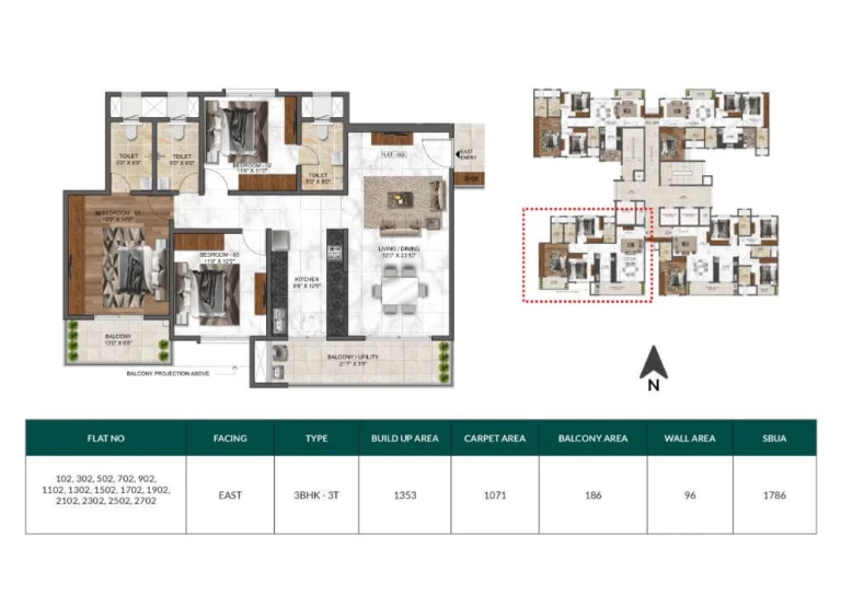 Mana Dale 3 BHK 1786 sq ft east facing apartment floor plan with large balconies, spacious living dining area and utility space in Sarjapur Road Bangalore