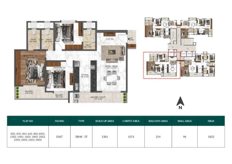 Mana Dale 3 BHK 1822 sq ft east facing apartment floor plan with extra-large balconies, spacious living dining area and utility space in Sarjapur Road Bangalore