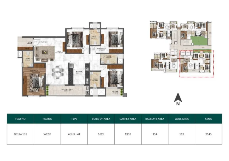 Mana Dale 4 BHK 2145 sq ft west facing apartment floor plan with spacious living dining area, multiple balconies and utility space in Sarjapur Road Bangalore