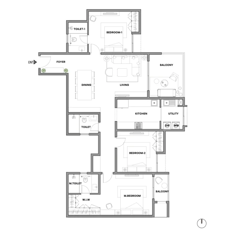 Detailed 3BHK Type 5 floor plan of Assetz Codename Sanctum Yelahanka with 1324 sq ft RERA carpet and 1774 sq ft SBA