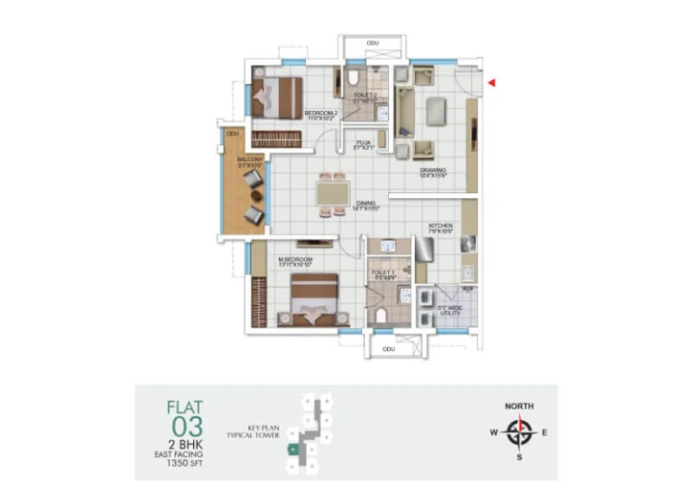 My Home Udyan 2 BHK east-facing floor plan with 1350 sq ft area, featuring 2 bedrooms, drawing room, dining area, kitchen, utility, 2 toilets, puja room, and balcony.