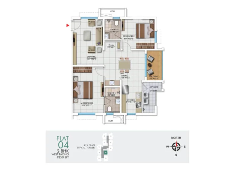 My Home Udyan 2 BHK west-facing floor plan with 1350 sq ft area, featuring 2 bedrooms, drawing room, dining area, kitchen, utility, 2 toilets, puja room, and balcony.