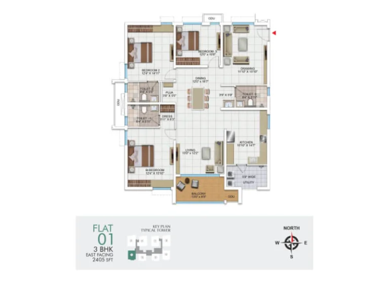 My Home Udyan 3 BHK east-facing floor plan with 2405 sq ft area, featuring 3 bedrooms, drawing room, living room, dining area, kitchen, utility, 3 toilets, puja room, dress area, and balcony.