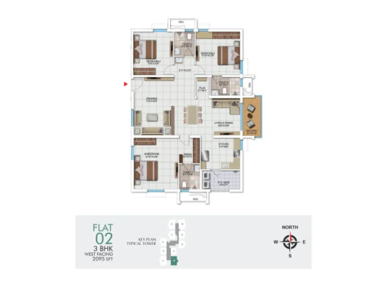 My Home Udyan 3 BHK west-facing floor plan with 2095 sq ft area, showing living and dining room, 3 bedrooms, kitchen, utility, 3 toilets, puja room, drawing room, balcony, and master bedroom with dress area.