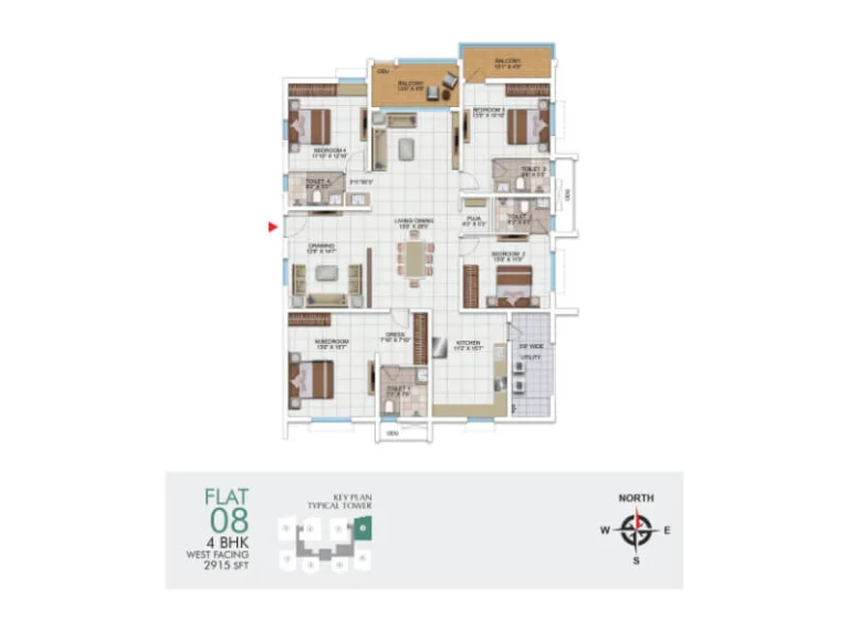 My Home Udyan 4 BHK west-facing floor plan with 2915 sq ft area, featuring 4 bedrooms, drawing room, living and dining area, kitchen, utility, 4 toilets, puja room, dress area, and two balconies.