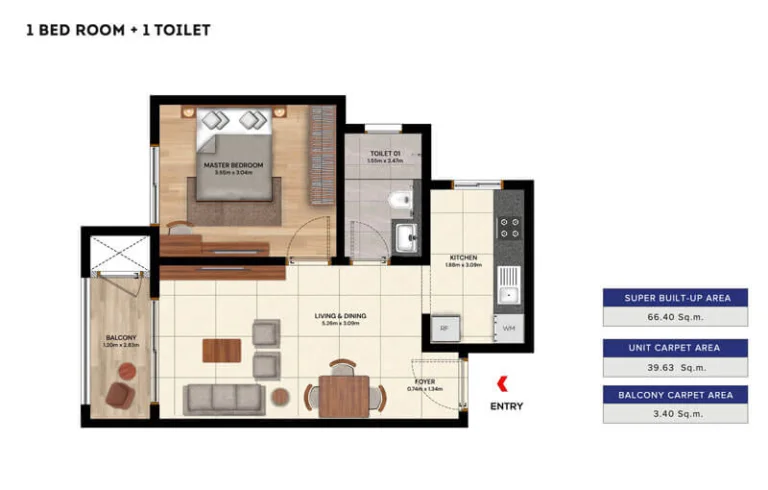 Brigade Belvedere 1 BHK floor plan showing layout, carpet area and balcony at Budigere Cross Bangalore