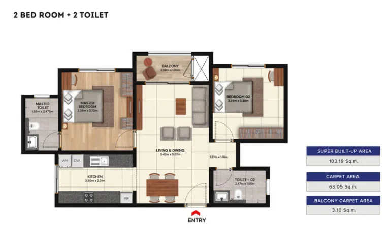 Brigade Belvedere 2 BHK floor plan with living, bedrooms, kitchen and balcony layout in East Bangalore