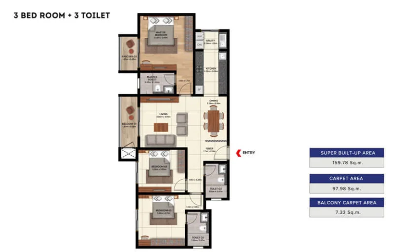 Brigade Belvedere 3 BHK floor plan detailing large layout, multiple bedrooms and balcony spaces in Budigere Cross