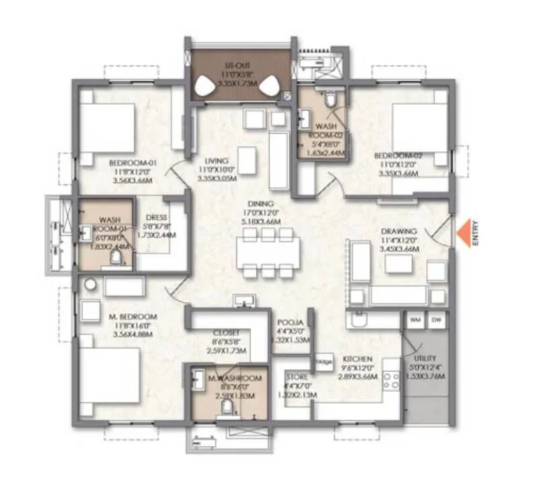 Brigade Manor 3 BHK floor plan 2213 sq ft apartment layout in Moti Nagar Hyderabad with 3 bedrooms, 3 bathrooms, kitchen, utility and spacious living area