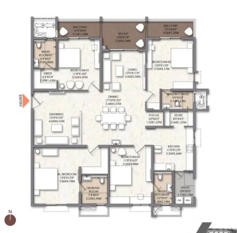 Brigade Manor 4 BHK floor plan 3164 sq ft apartment layout in Moti Nagar Hyderabad with 4 bedrooms, 4 bathrooms, balconies, kitchen, utility and spacious living area