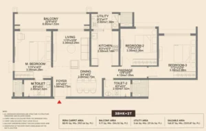 3 BHK + 2T Floor Plan – 1487 Sq. Ft. Saleable Area | Spacious Balcony & Utility | Premium Apartments in Yelahanka, Bangalore