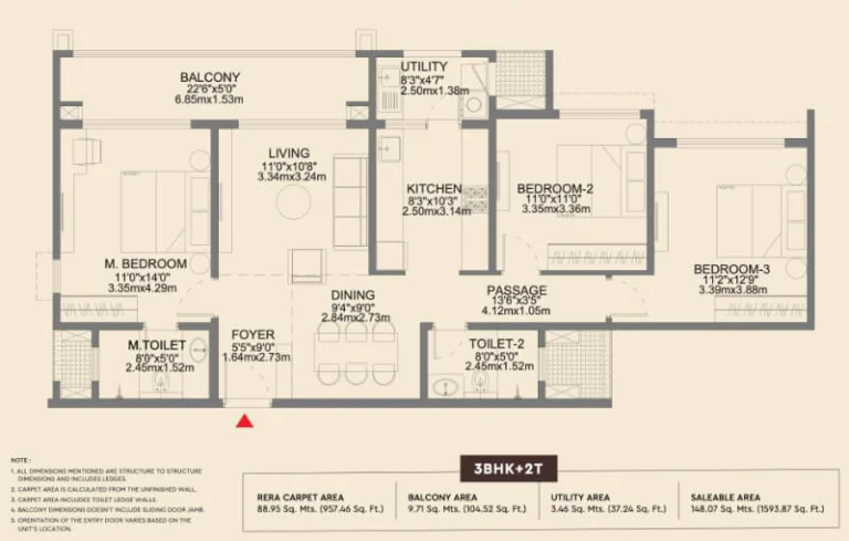 Godrej Aveline 3 BHK 2T floor plan in Yelahanka Bangalore with 1487 sq ft saleable area, 957 sq ft RERA carpet area, large balcony and utility space