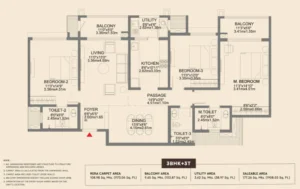 Godrej Aveline 3 BHK + 3T Floor Plan – 1908 Sq. Ft. Saleable Area | 1173 Sq. Ft. RERA Carpet | Spacious Living, Dual Balconies & Utility | Yelahanka, Bangalore