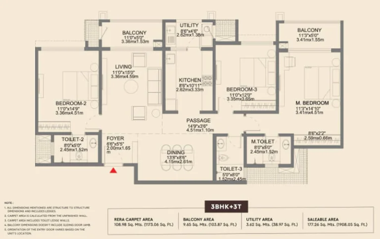 Godrej Aveline 3 BHK 3T floor plan in Yelahanka Bangalore with 1908 sq ft saleable area, 1173 sq ft RERA carpet area, large living room, balconies and utility space