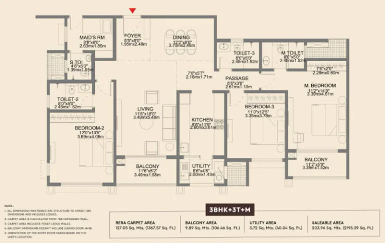 Godrej Aveline 3 BHK 3T with maid room floor plan in Yelahanka Bangalore with 2195 sq ft saleable area, 1367 sq ft RERA carpet area, balconies and utility space