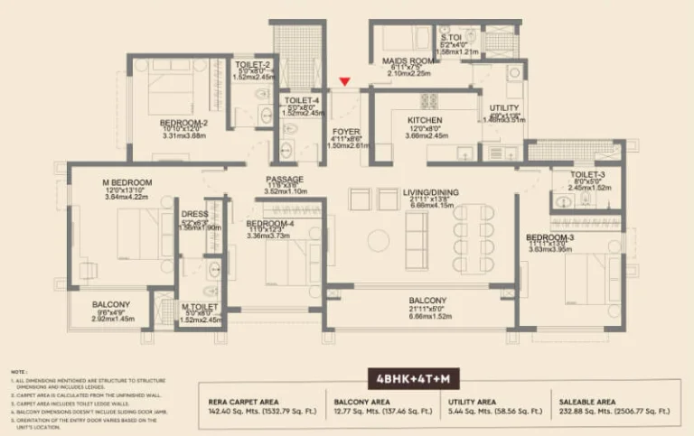 Godrej Aveline 4 BHK 4T with maid room floor plan in Yelahanka Bangalore with 2506 sq ft saleable area, 1532 sq ft RERA carpet area, spacious living dining and balconies