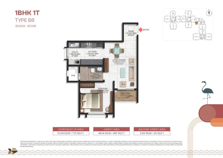 Brigade Lakecrest 1 BHK Type B8 floor plan – 775 sq.ft with balcony and efficient layout