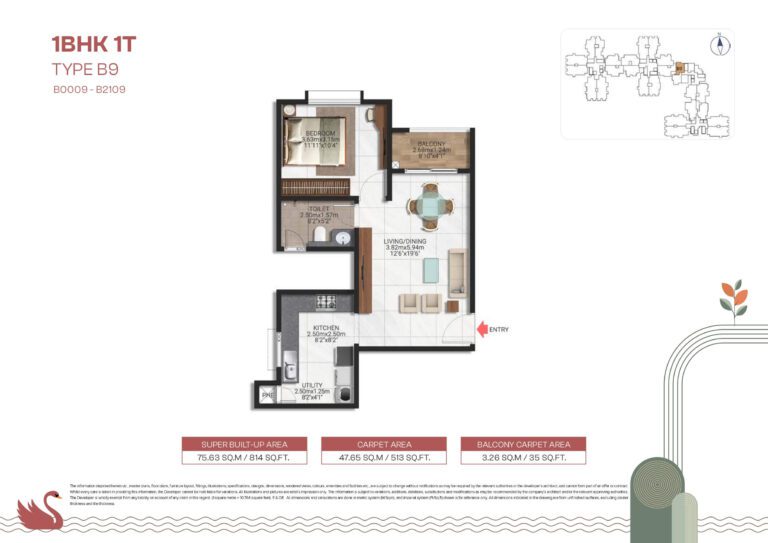 1 BHK floor plan Type B9 at Brigade Lakecrest – 814 sq.ft unit with bright, open spaces