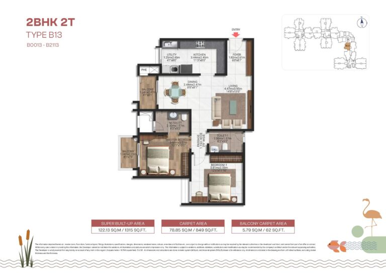 Brigade Lakecrest 2 BHK floor plan Type B13 – 1315 sq.ft with two toilets and balcony