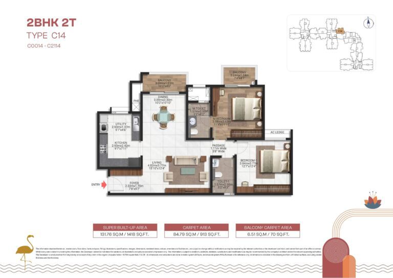 Brigade Lakecrest floor plan for 2 BHK Type C14 – 1418 sq.ft home with premium features