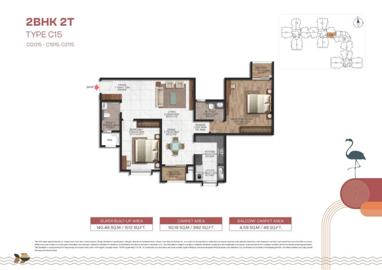 2 BHK floor plan Type C15 at Brigade Lakecrest – 1512 sq.ft unit with ample natural light