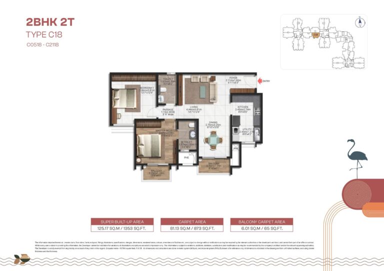 Floor plan of 2 BHK Type C18 at Brigade Lakecrest – 1353 sq.ft with modern living spaces
