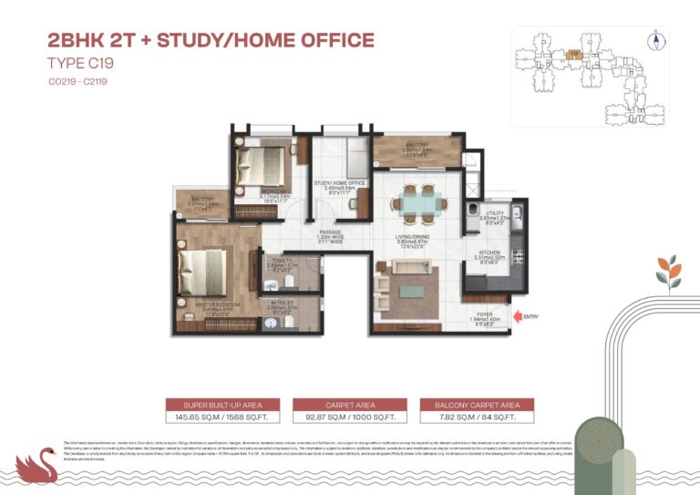 Brigade Lakecrest floor plan for 2 BHK + Study Type C19 – 1568 sq.ft modern apartment