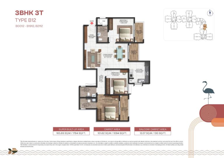 3 BHK Type B12 floor plan at Brigade Lakecrest – 1784 sq.ft with spacious interiors