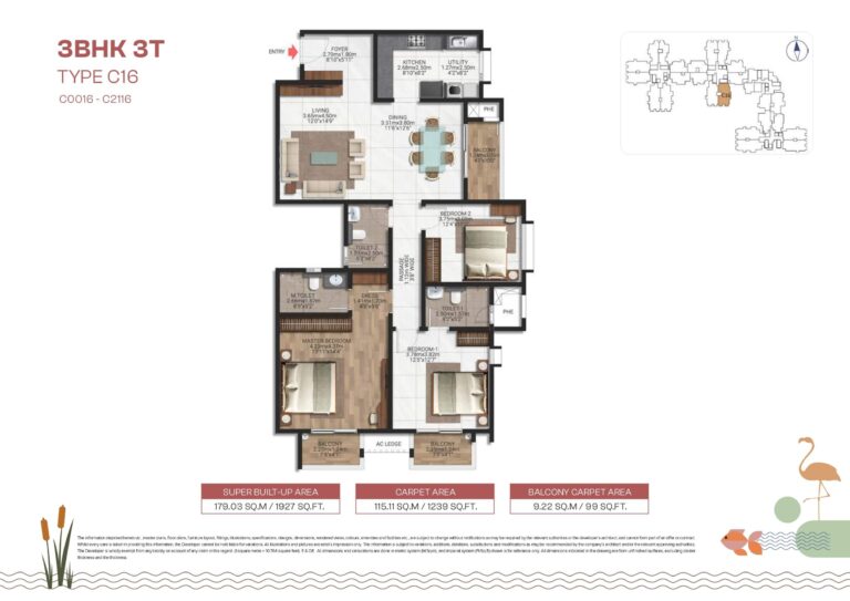 3 BHK floor plan Type C16 at Brigade Lakecrest – 1927 sq.ft premium design