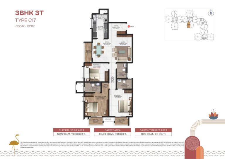 3 BHK floor plan Type C17 at Brigade Lakecrest – 1853 sq.ft apartment with great layout
