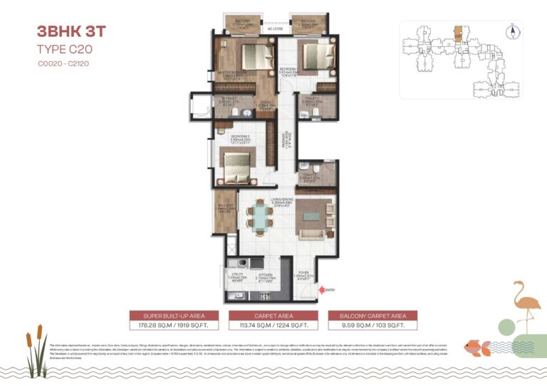 Brigade Lakecrest floor plan for 3 BHK Type C20 – 1919 sq.ft elegant home layout