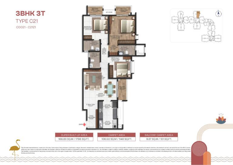 Brigade Lakecrest 3 BHK Type C21 floor plan – 1796 sq.ft home layout