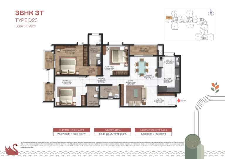 Brigade Lakecrest D23 3 BHK floor plan – 1902 sq.ft layout for large families