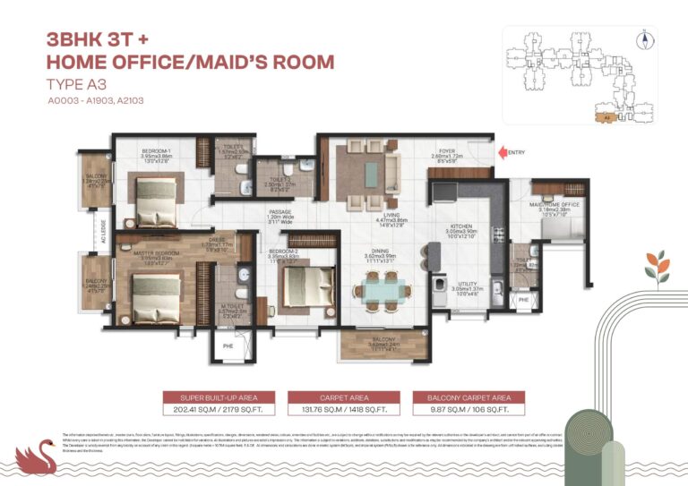 Brigade Lakecrest 3 BHK + Maid’s Room Type A3 floor plan – 2179 sq.ft large format home