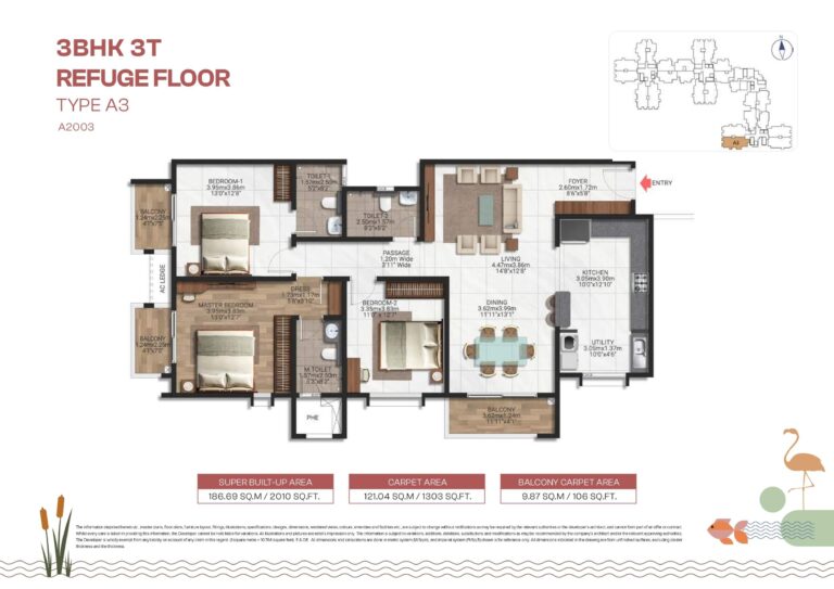 Brigade Lakecrest floor plan Type A3 (Refuge) – 3 BHK + Maid’s Room, 2010 sq.ft