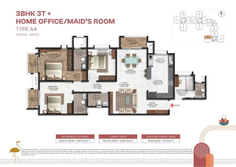Type A4 3 BHK + Maid’s Room floor plan at Brigade Lakecrest – 2153 sq.ft