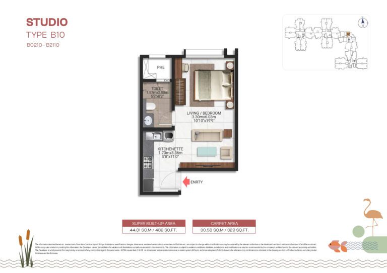 Floor plan of Studio Type B10 at Brigade Lakecrest – 482 sq.ft unit with smart layout