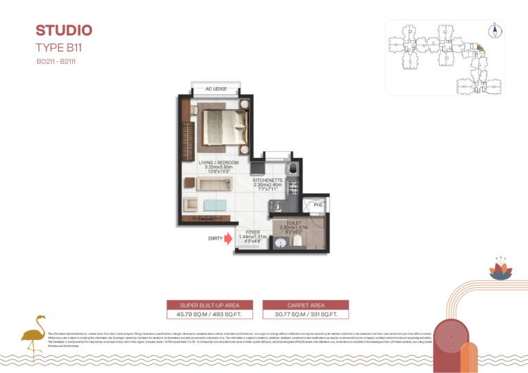 Studio floor plan Type B11 at Brigade Lakecrest – 493 sq.ft compact home design