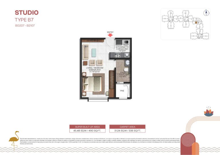 Brigade Lakecrest Studio Type B7 floor plan – 490 sq.ft with integrated living and sleeping area