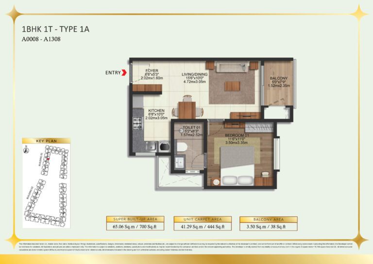 Brigade Eternia Floor plan - 1BHK Type 1A floor plan with smart layout and single balcony