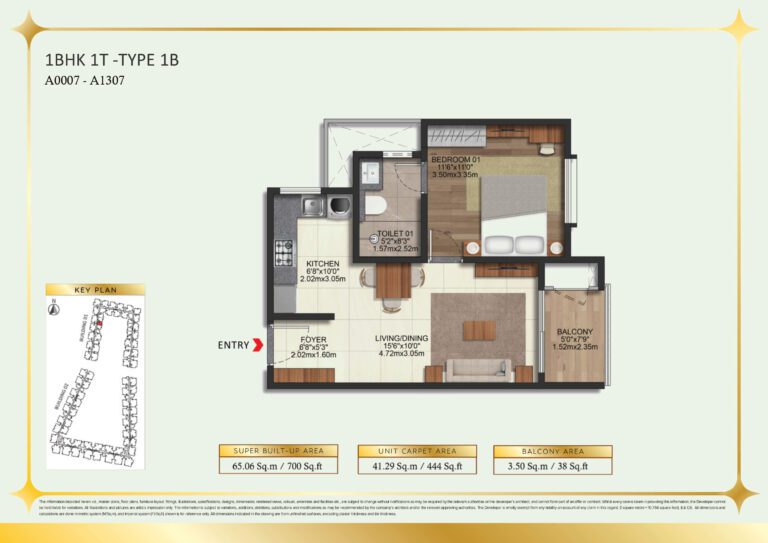 Brigade Eternia Floor plan - 1BHK Type 1B unit with open living and bedroom layout
