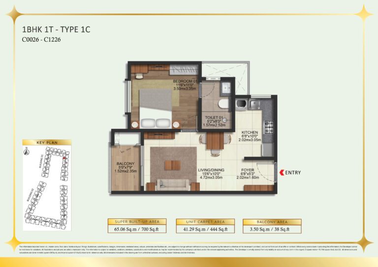 Brigade Eternia Floor plan - 1BHK Type 1C layout with linear flow and compact kitchen