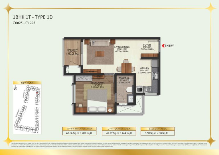 Brigade Eternia Floor plan - 1BHK Type 1D with optimal space for utility and living