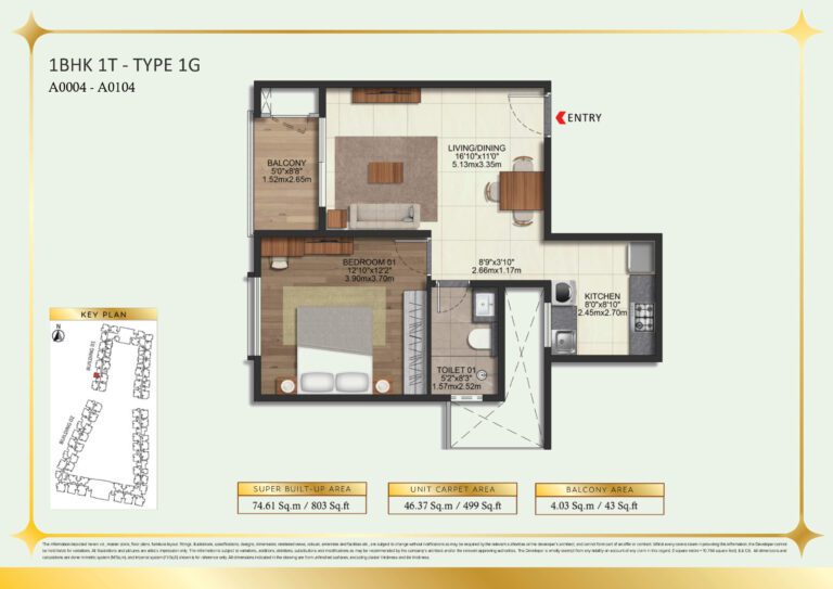 Brigade Eternia Floor Plan - Efficient 1BHK floor plan with cozy interiors and balcony