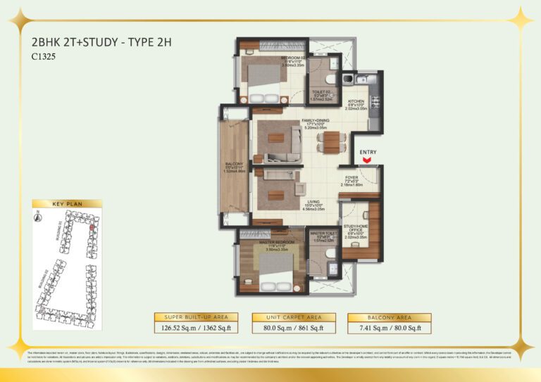 Brigade Eternia Floor Plan - 2BHK plus study with work-from-home space