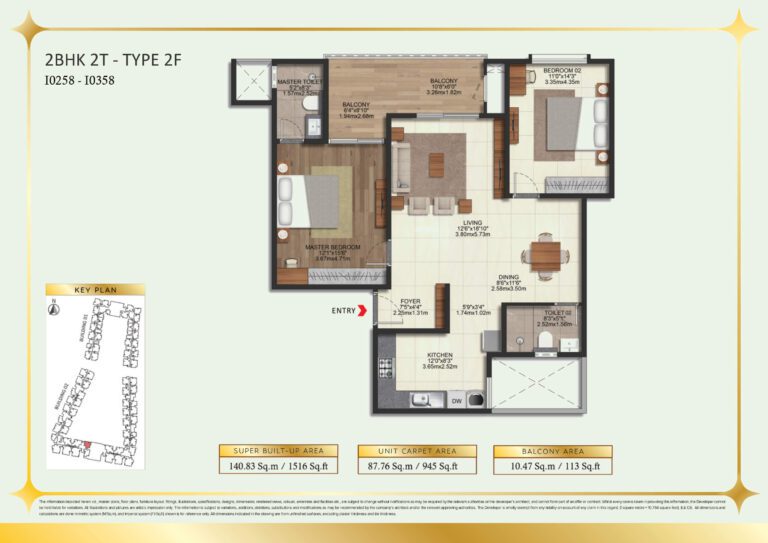 Brigade Eternia Floor Plan - Type 2F 2BHK unit with centralized living area
