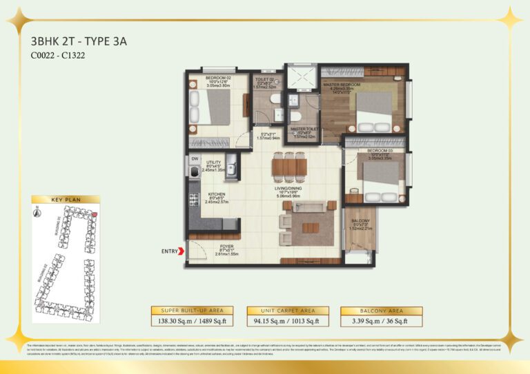 Brigade Eternia Floor Plan - 3BHK Type 3A with two baths and balcony